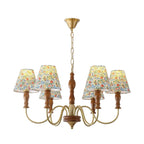 Multi-arm chandelier with floral fabric shades and turned wood stems