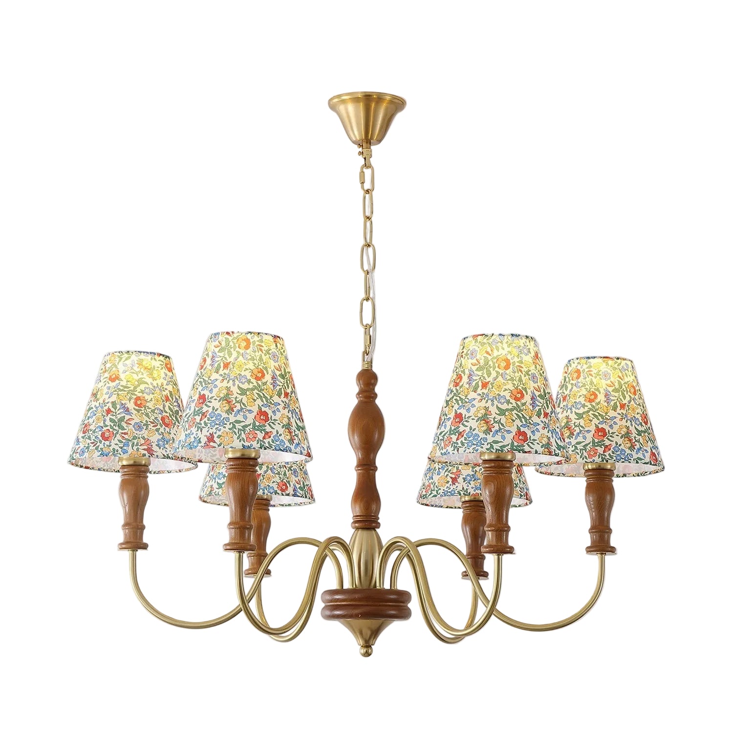 Multi-arm chandelier with floral fabric shades and turned wood stems