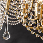 Umbrella-style crystal chandelier with teardrop glass crystals and gold chain links