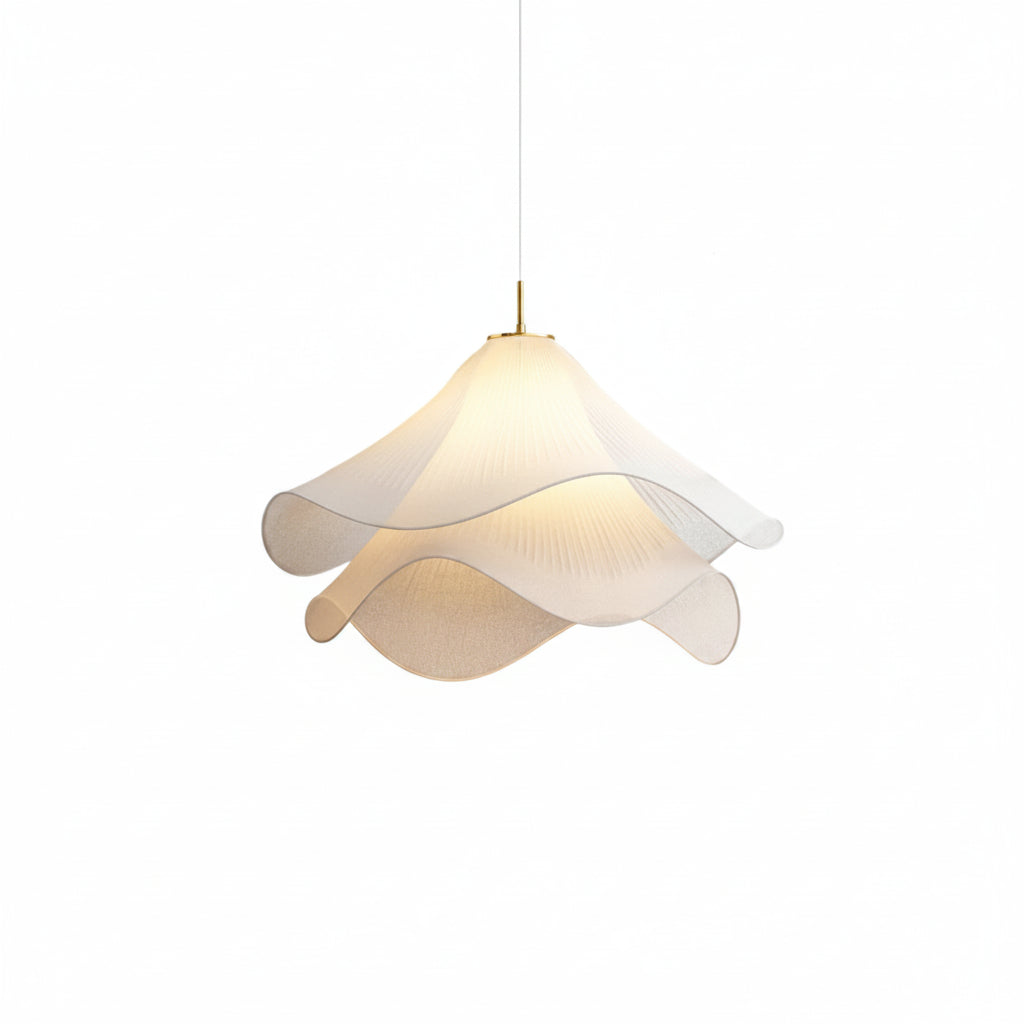 Off-white fabric flower pendant light with layered petal shade, hanging from thin cord