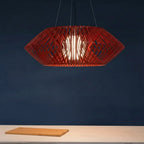 Red diamond tapered hanging chandelier with open lattice shade and warm glow bulb
