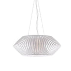White diamond tapered hanging chandelier with open lattice shade and bright light