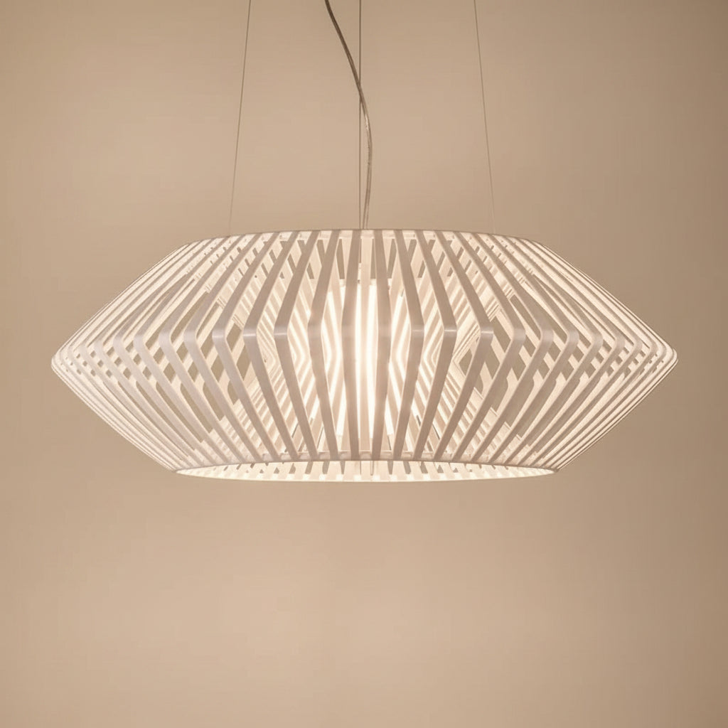 White diamond tapered hanging chandelier with open geometric lattice and glowing bulb