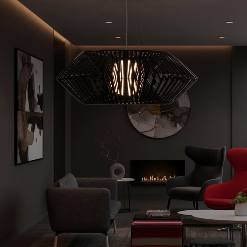 Black diamond tapered hanging chandelier with open lattice shade and warm light