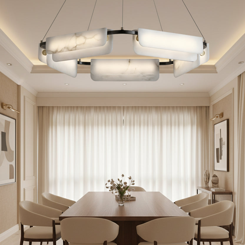 Alabaster-style multi-panel ring chandelier with black canopy and four rectangular frosted bars
