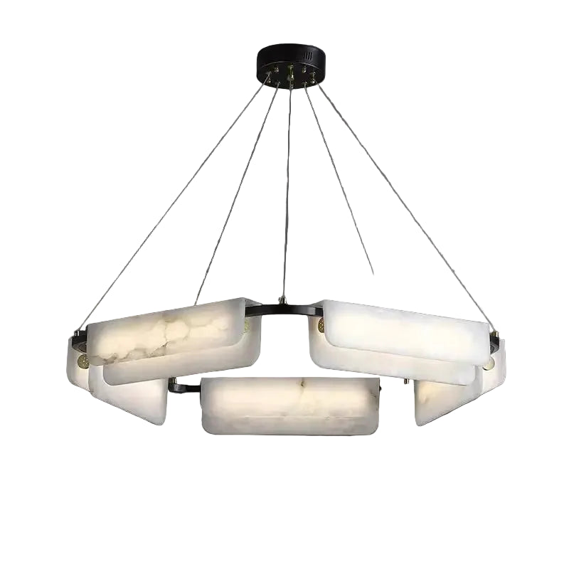 Alabaster-style ring chandelier with black round canopy and frosted white multi-panel light