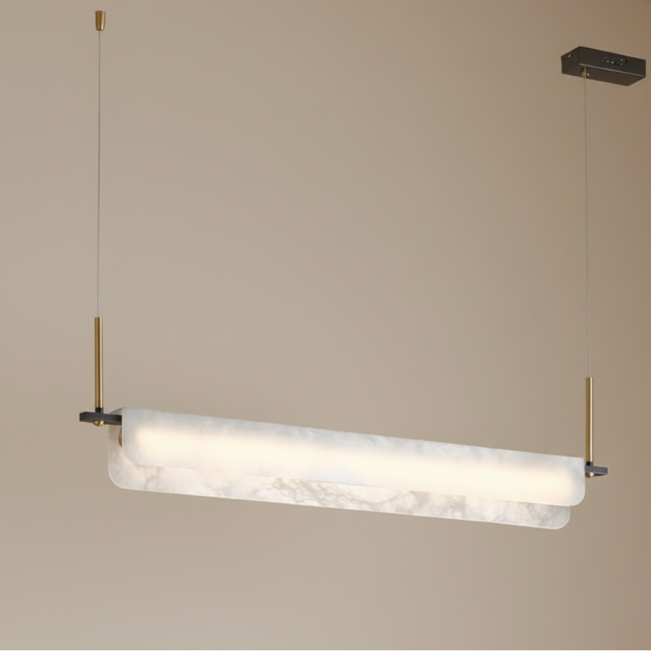 Hanging linear alabaster bar light with white glass/stone diffuser and gold cords