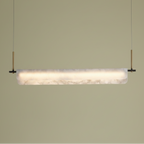 Brushed metal and black suspension linear alabaster bar fixture with frosted white diffuser