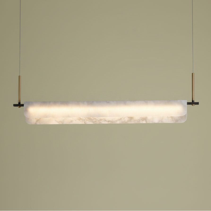 Brushed metal and black suspension linear alabaster bar fixture with frosted white diffuser