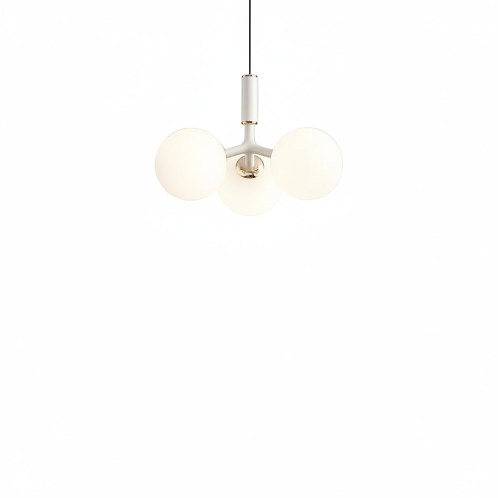 Globe pendant light with three white glass spheres and a white central stem