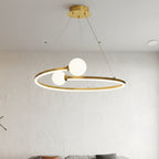 Modern gold ring LED chandelier with three white globe lights on hanging wires
