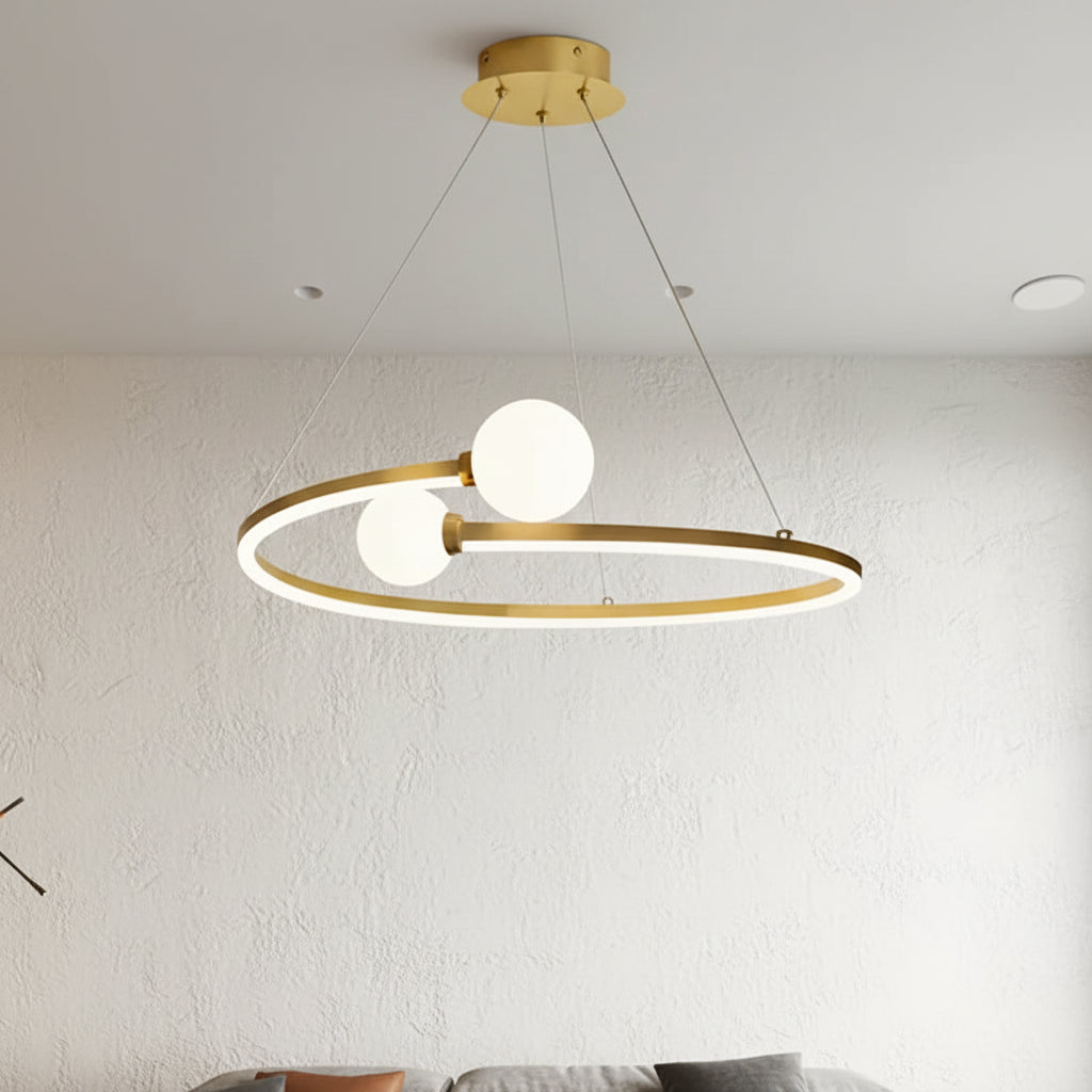 Modern gold ring LED chandelier with three white globe lights on hanging wires