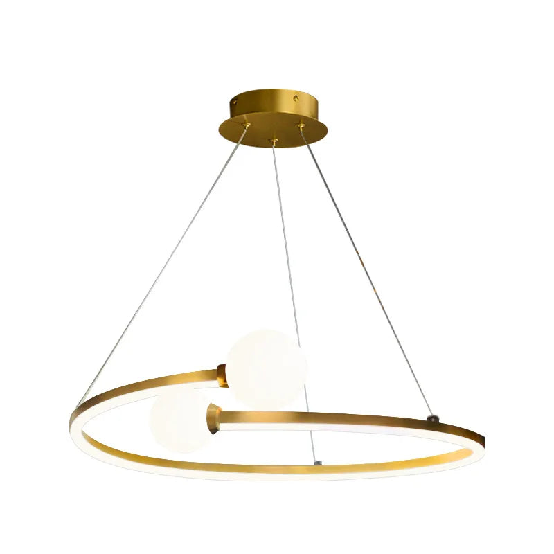 Gold halo ring chandelier with three white LED globes and round ceiling canopy