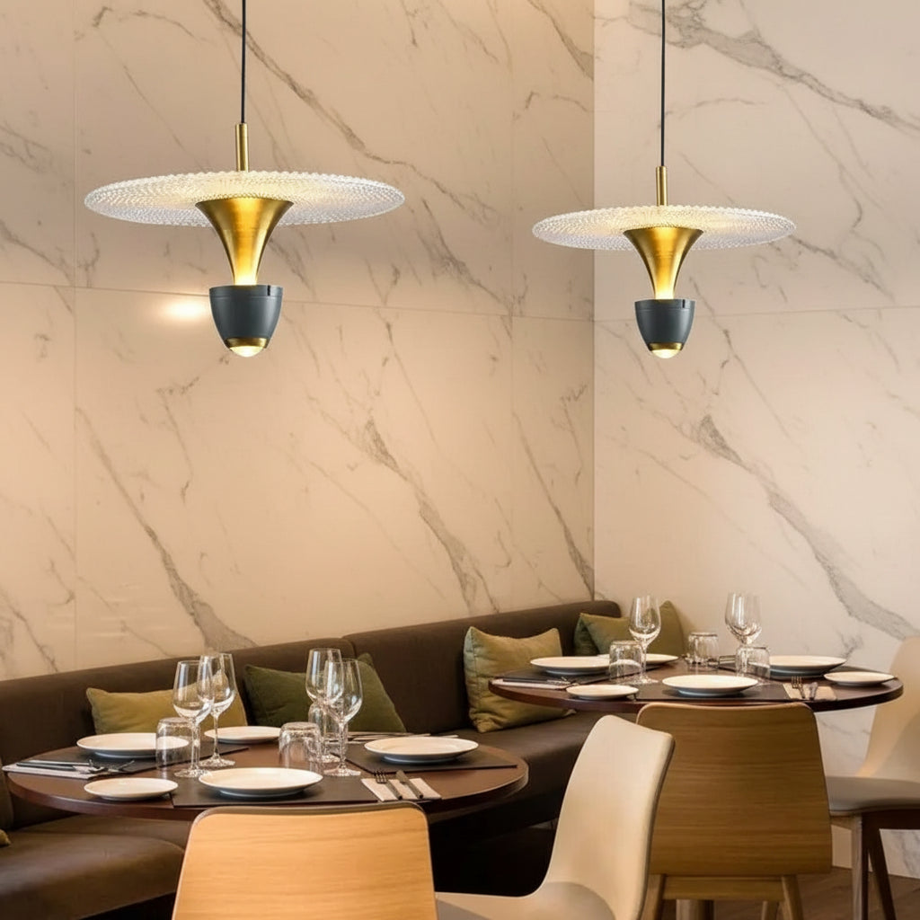 Italian disk conical pendant light with black conical shade and gold mesh ring