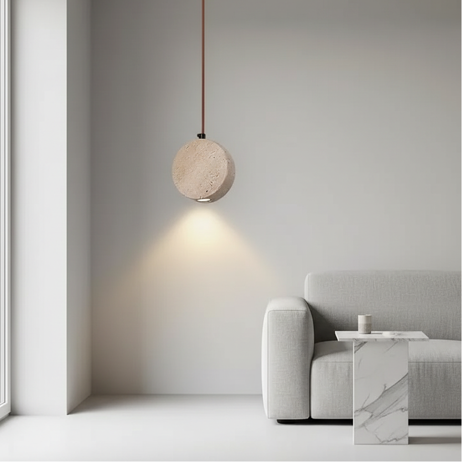 Round travertine disc pendant light with copper cord, downward glow