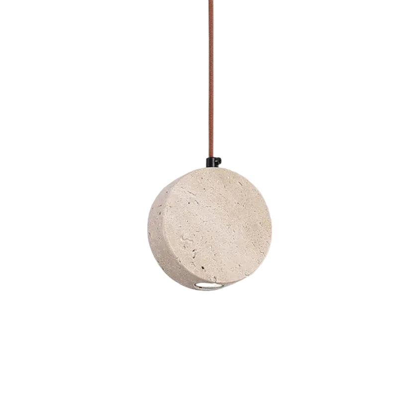 Round travertine disc pendant light with copper cord and mounting cap