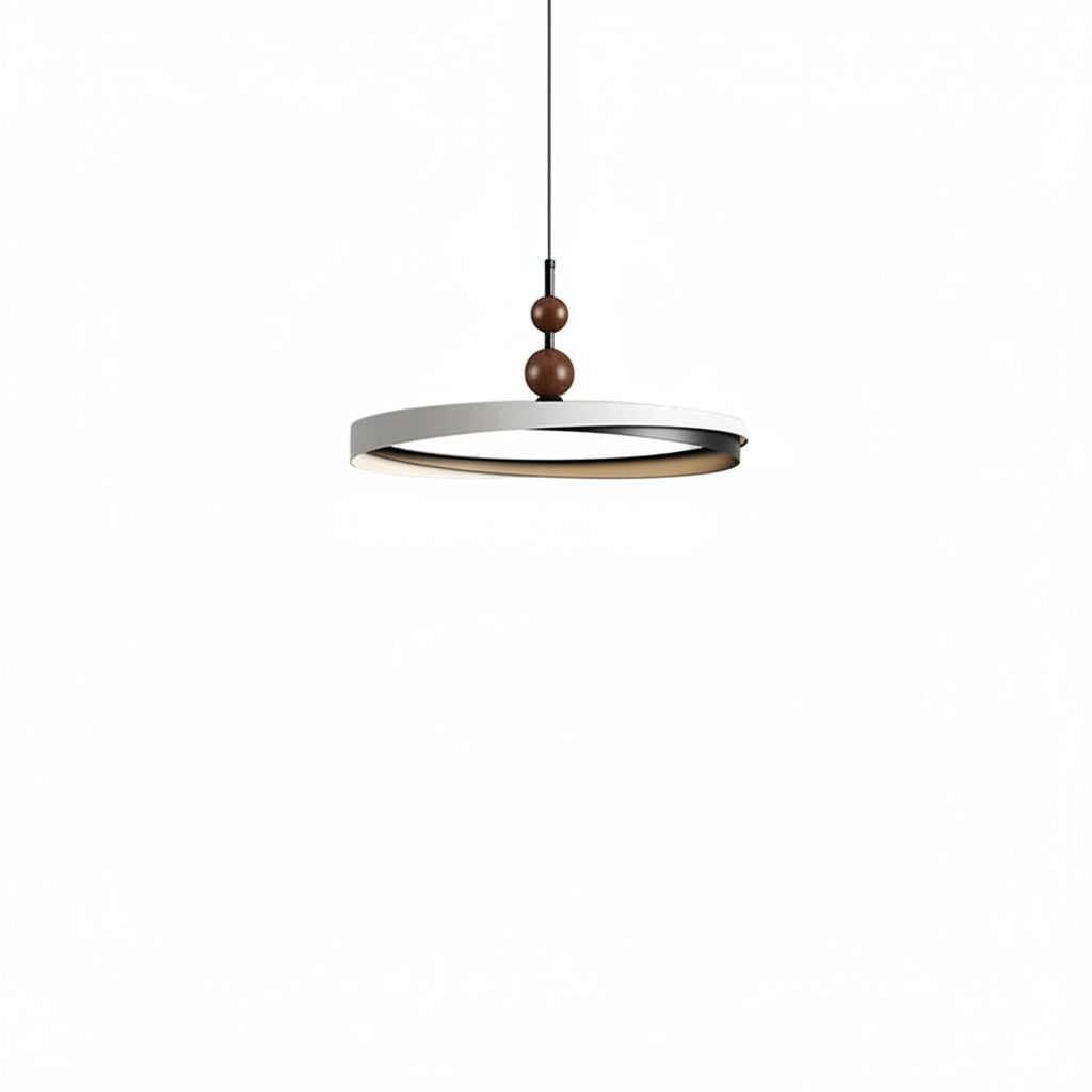 Single ring LED disc pendant light with dark canopy, round shade, and wooden bead stem