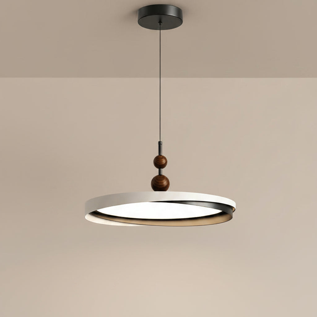 Ceiling mounted ring LED pendant with circular disc shade and stacked wooden beads on cord
