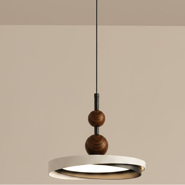 Ring LED disc pendant light with black ceiling cap, stacked wooden beads, and round shade