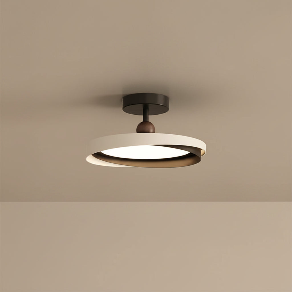 Layered ceiling light showing black canopy and white ring with dark brown spherical stem