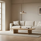 Hanging pendant light with wood sphere detail and pale drum shade