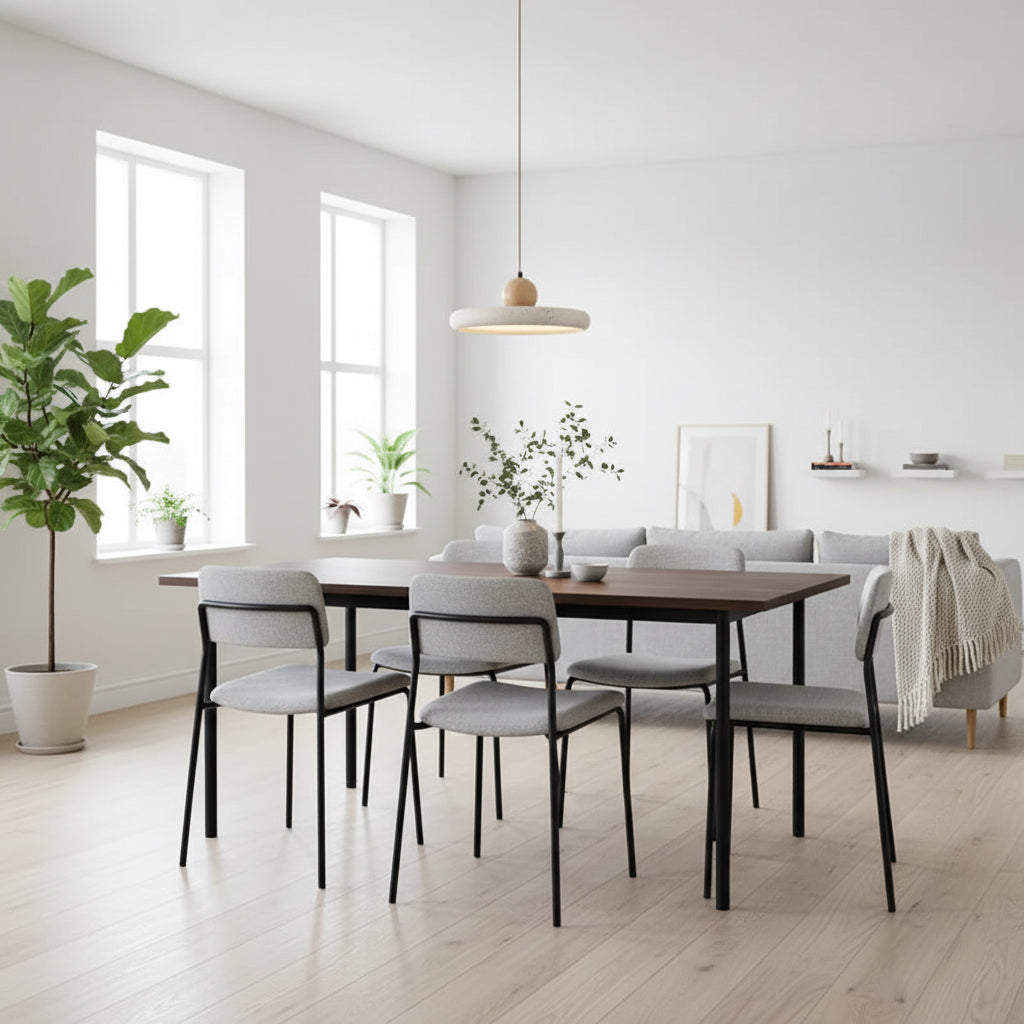 Wood-sphere hanging pendant with light drum shade over dining area