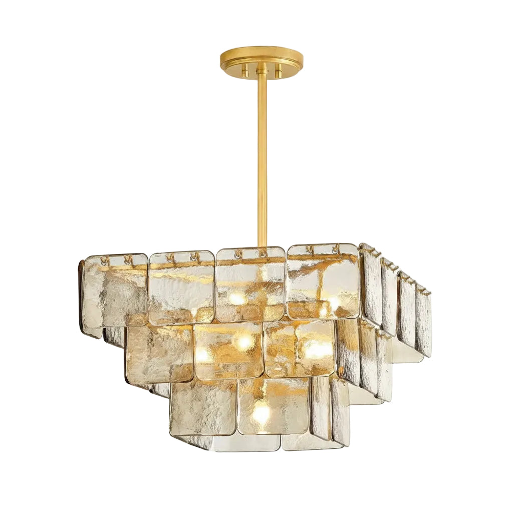 Layered square glass chandelier with gold frame, hanging stem, and warm glowing bulbs