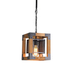 Rustic rectangle cage chandelier with mesh sides, wood frame, and warm glowing bulb