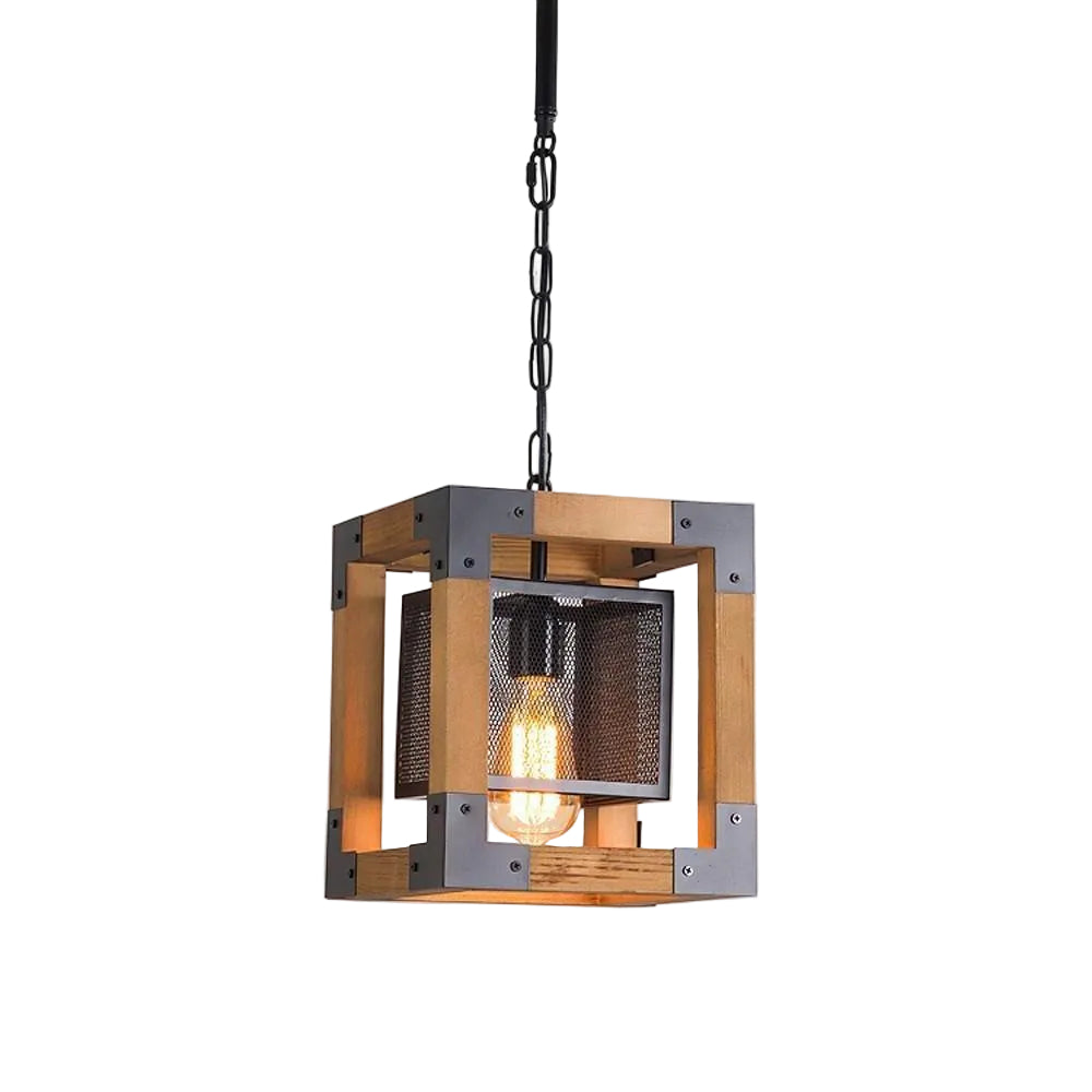 Rustic rectangle cage chandelier with mesh sides, wood frame, and warm glowing bulb