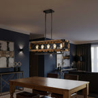 Multi-light rectangle cage chandelier with wood frame and dark metal mesh around bulbs