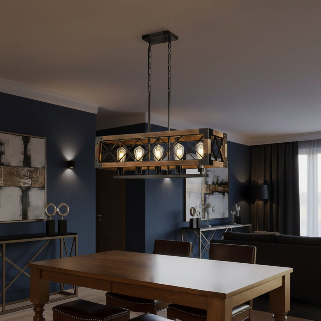 Multi-light rectangle cage chandelier with wood frame and dark metal mesh around bulbs