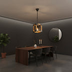 Small rectangle cage chandelier with wood frame and dark metal mesh, warm bulbs
