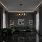Rectangle cage chandelier with wood frame, dark metal lattice, and multiple warm bulbs