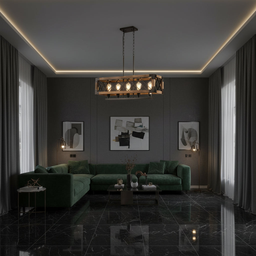 Rectangle cage chandelier with wood frame, dark metal lattice, and multiple warm bulbs