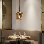 Wood and dark metal rectangle cage chandelier with mesh panels and warm bulb