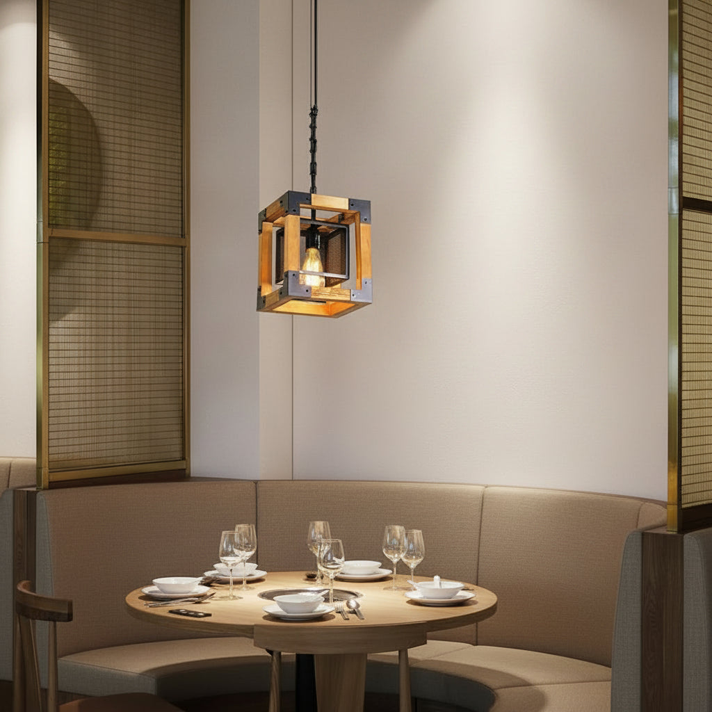 Wood and dark metal rectangle cage chandelier with mesh panels and warm bulb