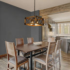 Rustic rectangle cage chandelier with metal cross pattern and warm glowing bulbs