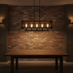 Rectangle cage chandelier with wood frame, dark metal mesh, and warm bulbs overhead