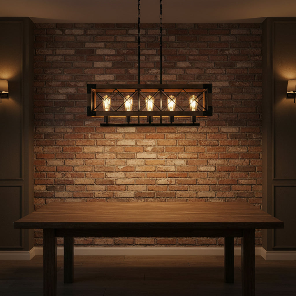 Rectangle cage chandelier with wood frame, dark metal mesh, and warm bulbs overhead