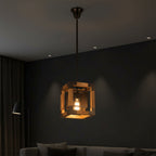 Rustic rectangle cage chandelier with wood frame and dark metal mesh, warm light
