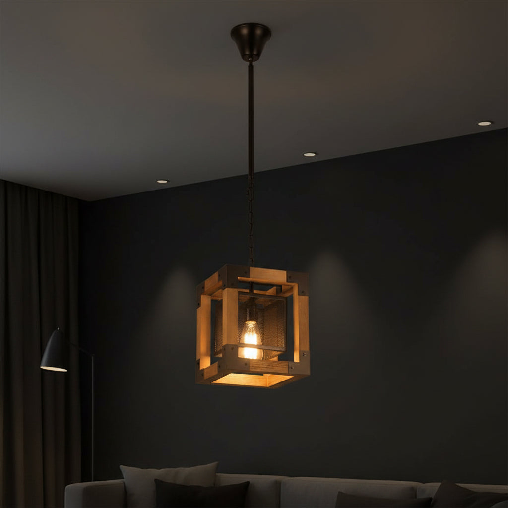 Rustic rectangle cage chandelier with wood frame and dark metal mesh, warm light