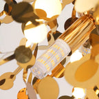 Gold branch chandelier close-up with sequin discs and clear LED-style bulbs