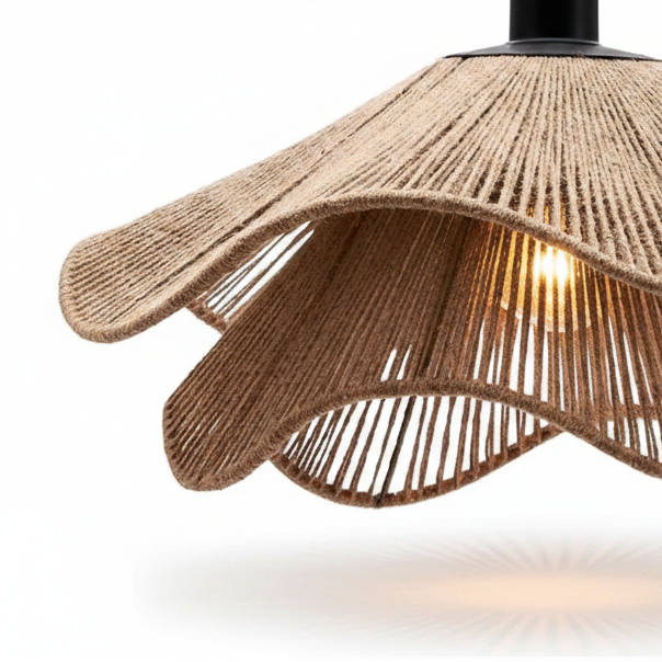 Woven rope hat-style pendant light shade with scalloped brim and open ring pattern