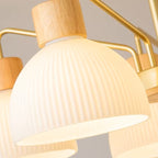 Ribbed white glass dome shade with wood cap on gold stem