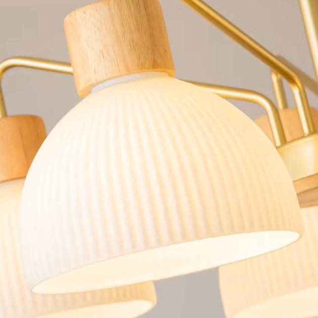Ribbed white glass dome shade with wood cap on gold stem