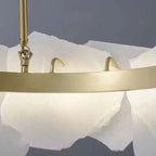 Close-up of brass stem and white tiered drum disc glass shade panels