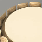 Close-up view of glowing circular diffuser with curved scalloped wood panels
