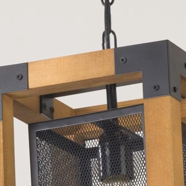 Close-up of rectangle cage chandelier: wood frame, dark metal cross bars, mesh detail