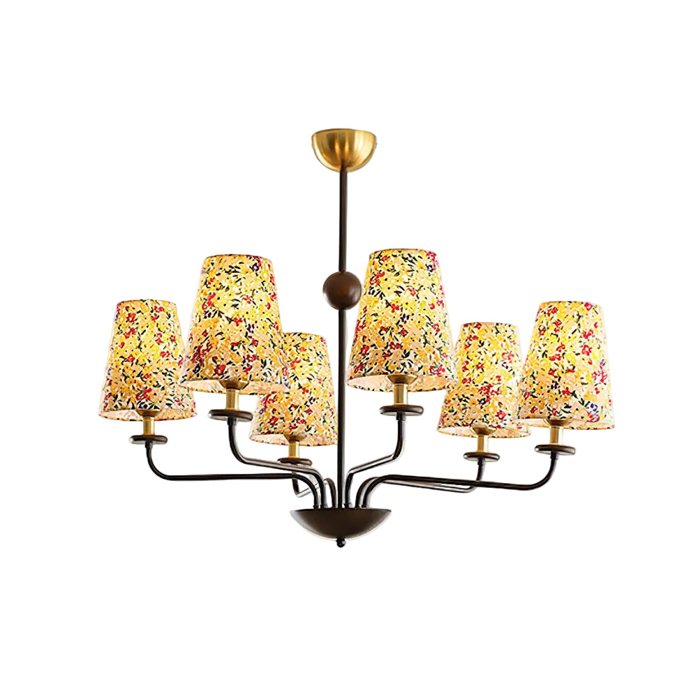 Multi-arm hanging chandelier with five conical floral shades on a dark metal base