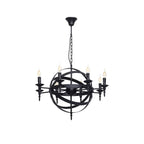 Black hanging candelabra chandelier with round spiral ring frame and exposed bulbs